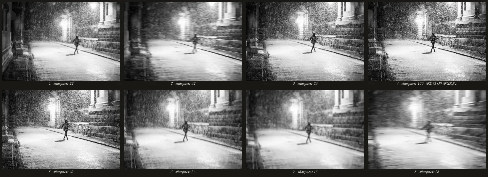 A burst of eight frames of a runner in snow, each with its sharpness score; frame 4 scores 100