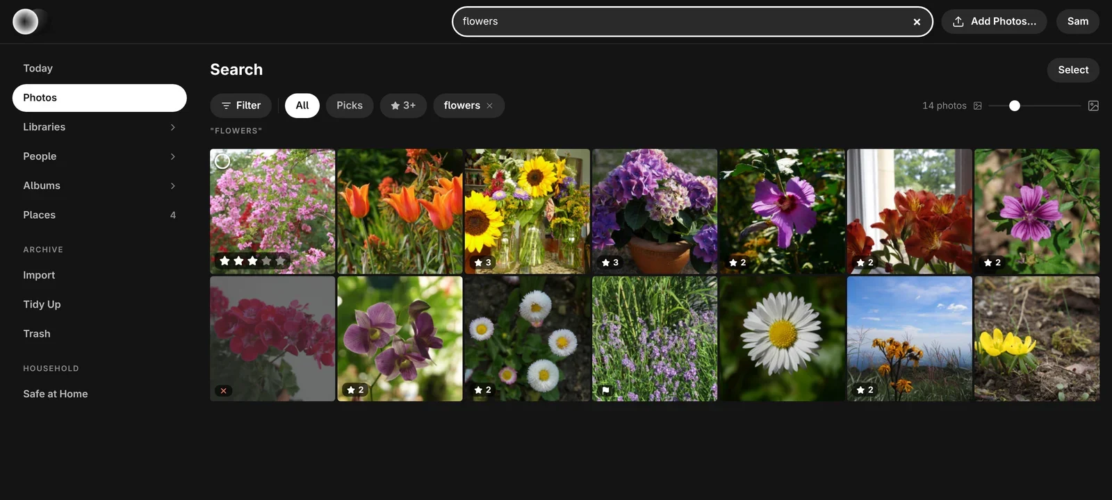 Numa Home in a browser, a grid of flower photographs found by searching for flowers