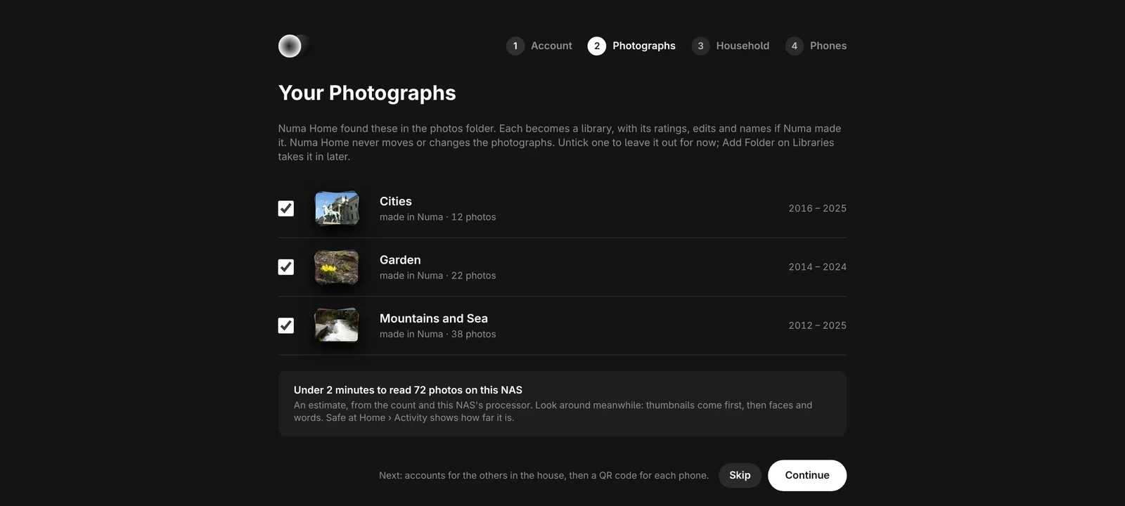Numa Home first run: three libraries found in the photos folder, ready to be added