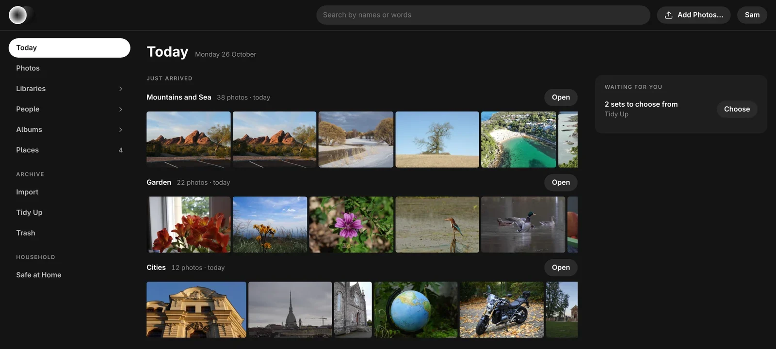 Numa Home in a browser: the Today page with recently arrived photographs per library