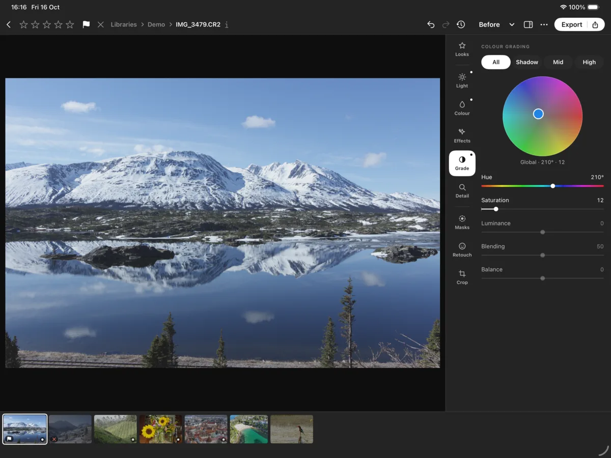 Numa on iPad: the colour grading wheel beside a photograph