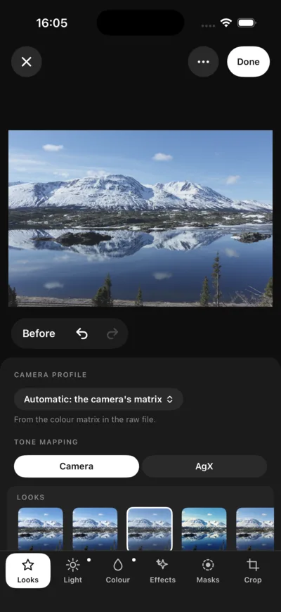 Numa on iPhone: the Looks tab under a photograph