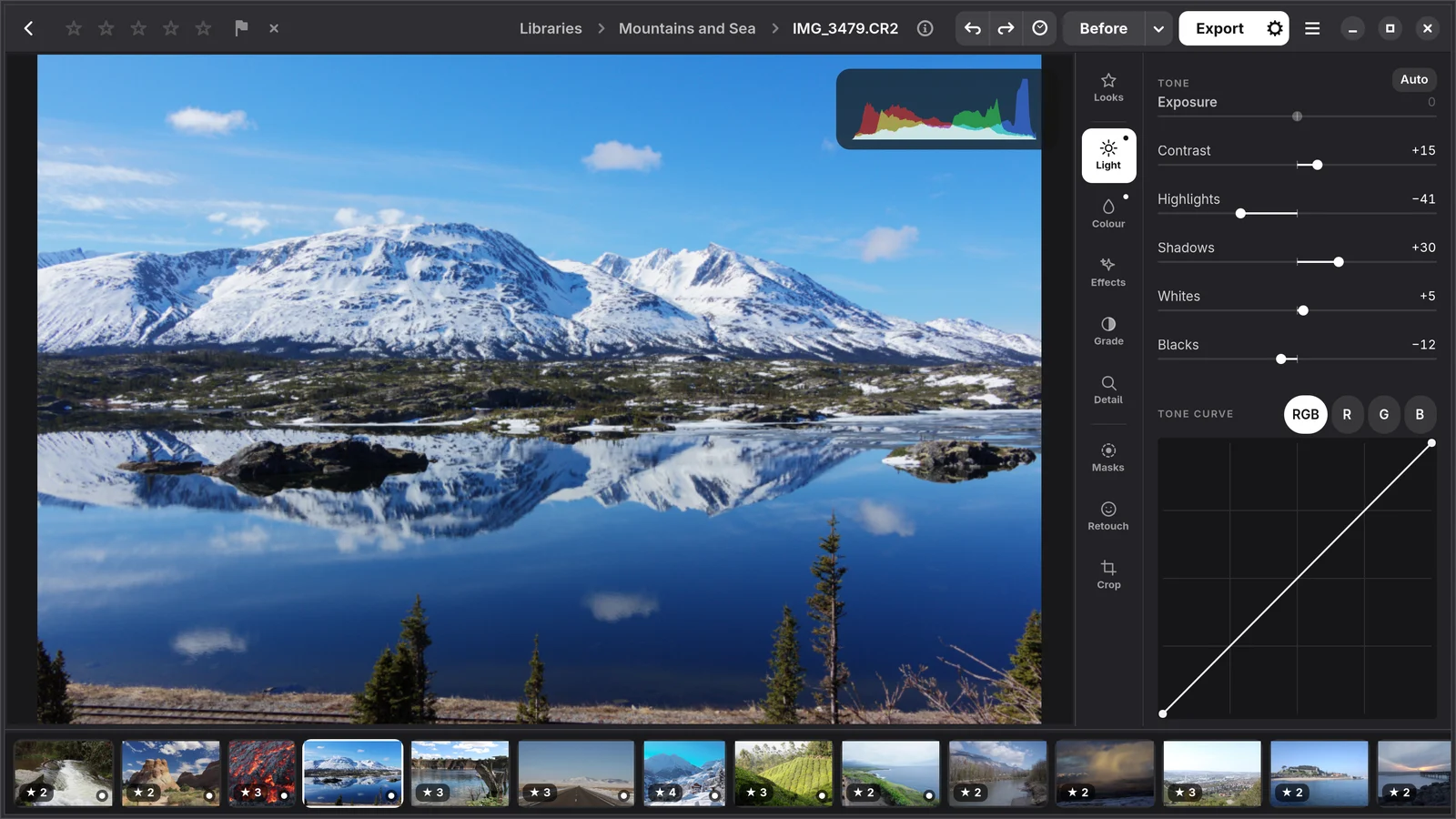 Numa on Linux: a photograph of a snowy mountain and lake with the Light panel beside it