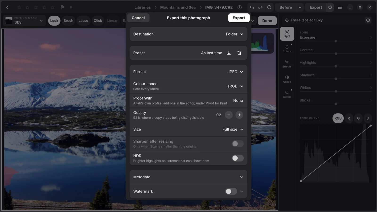 Numa on Linux: the Export dialog with destination, format, colour space, quality and size