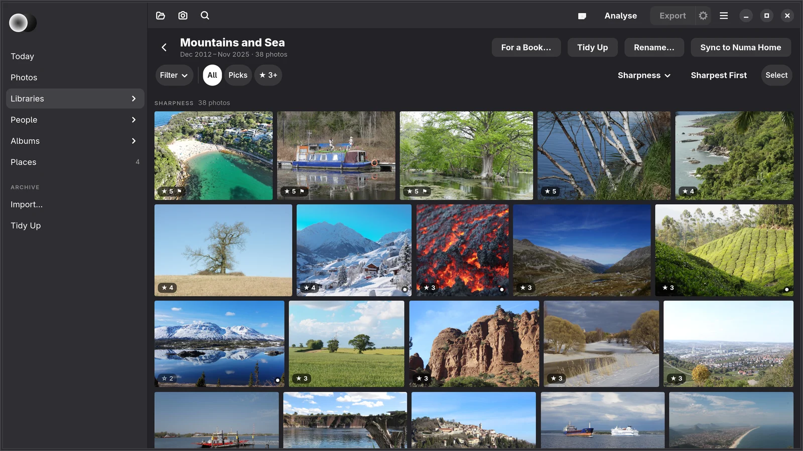 Numa on Linux: a library sorted by sharpness, as a grid of photographs with star ratings
