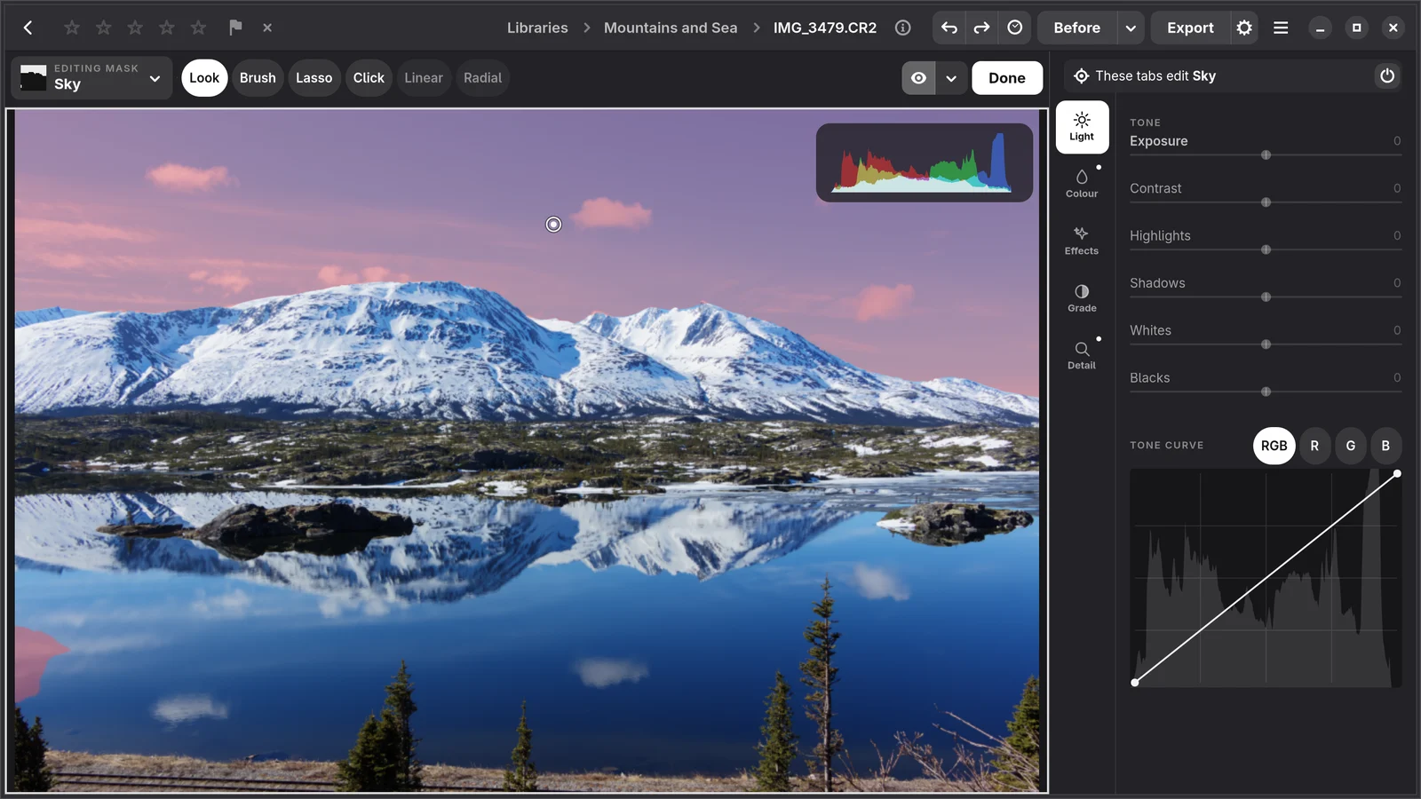 Numa on Linux: a Sky mask tinting the sky pink above a snowy mountain and lake