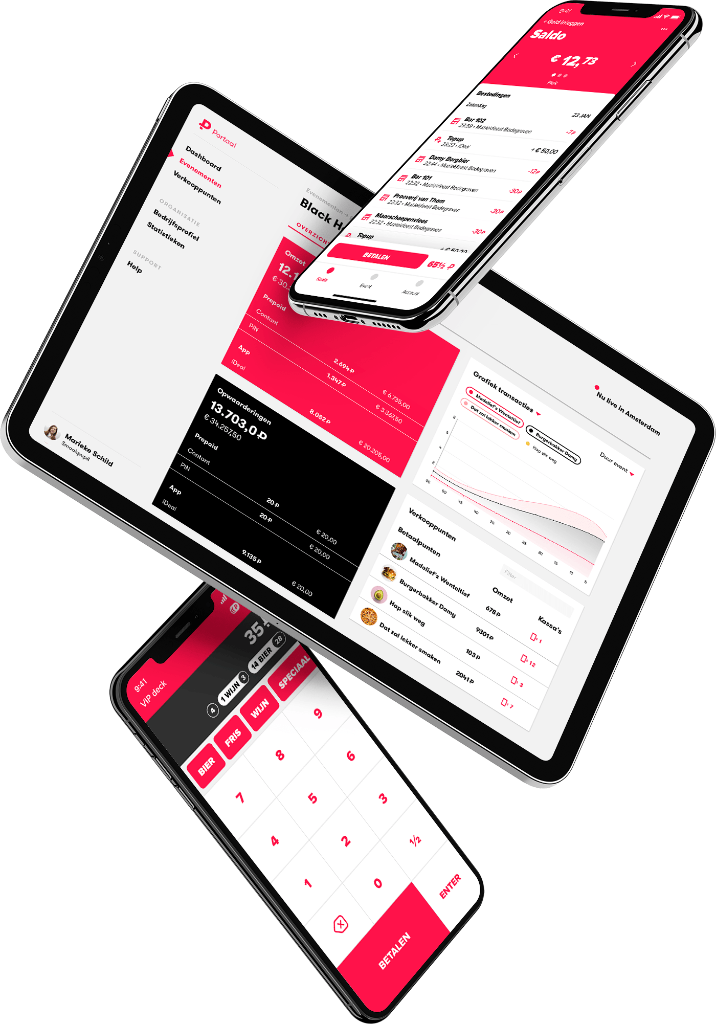 The Piek app on two phones and the organiser portal on a tablet