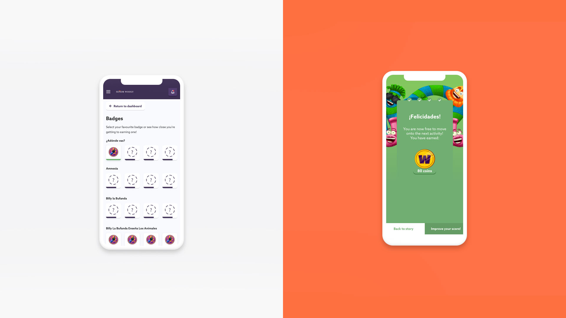 The badges screen beside a congratulations screen awarding 80 coins