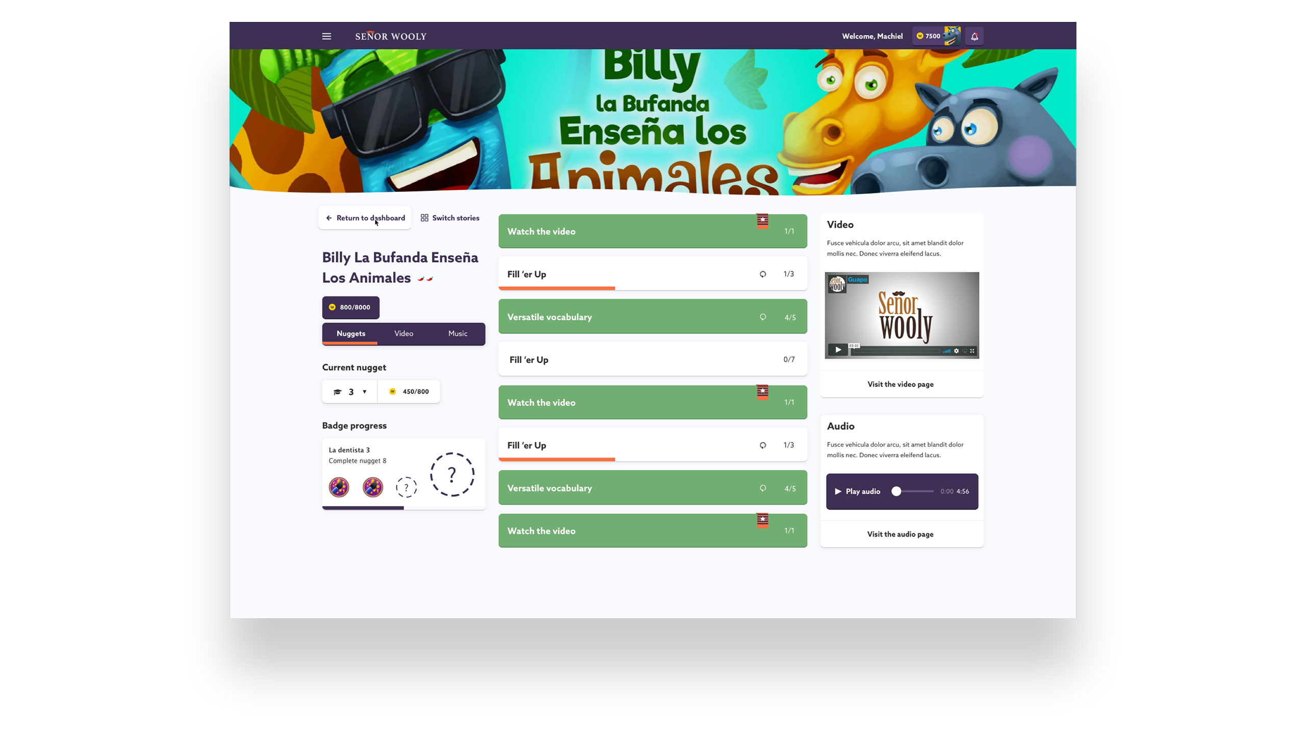 The Señor Wooly story page with nuggets, badge progress and the video and audio panels