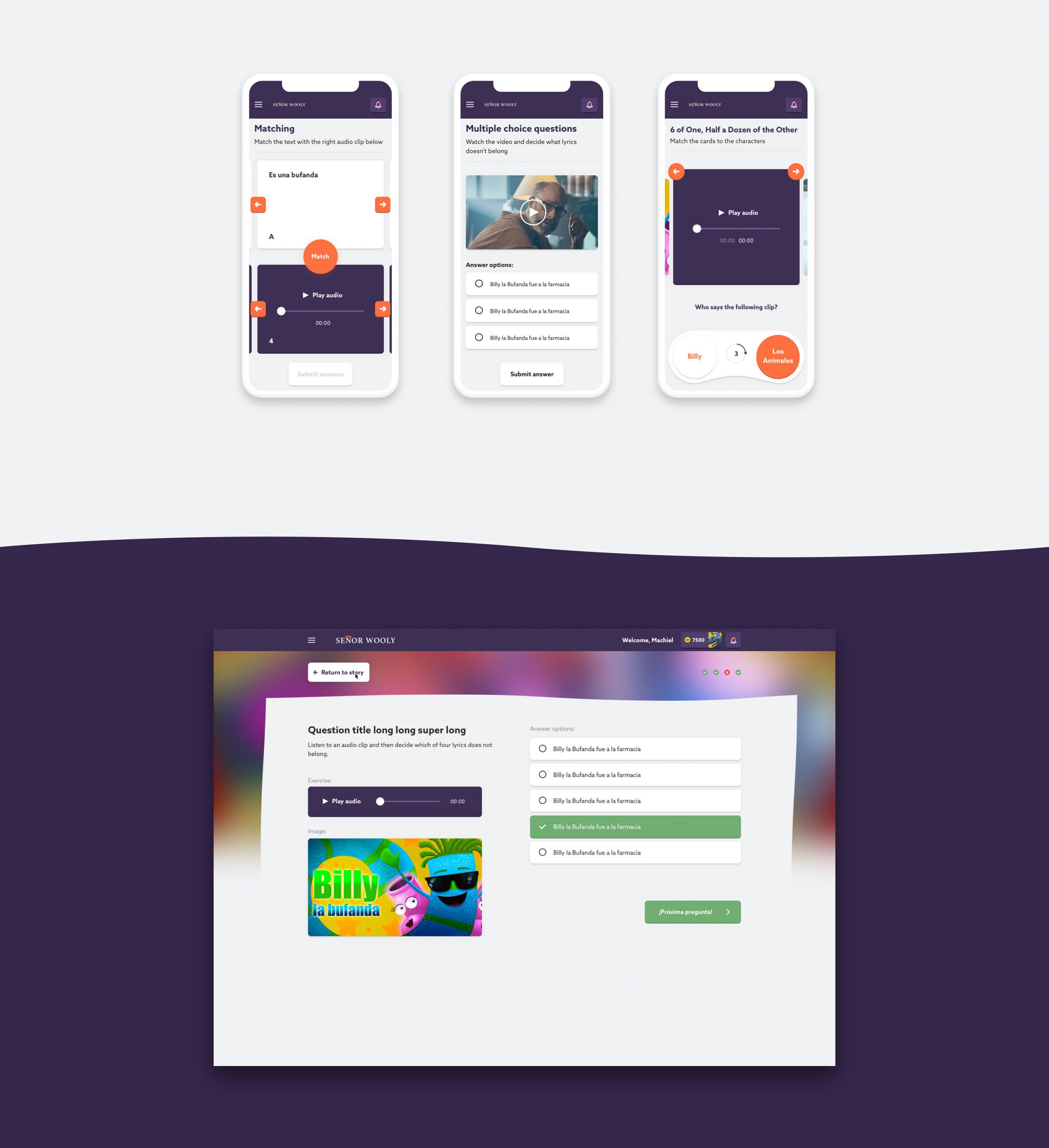 Matching, multiple choice and card sorting exercises on phones, and the same question type on desktop