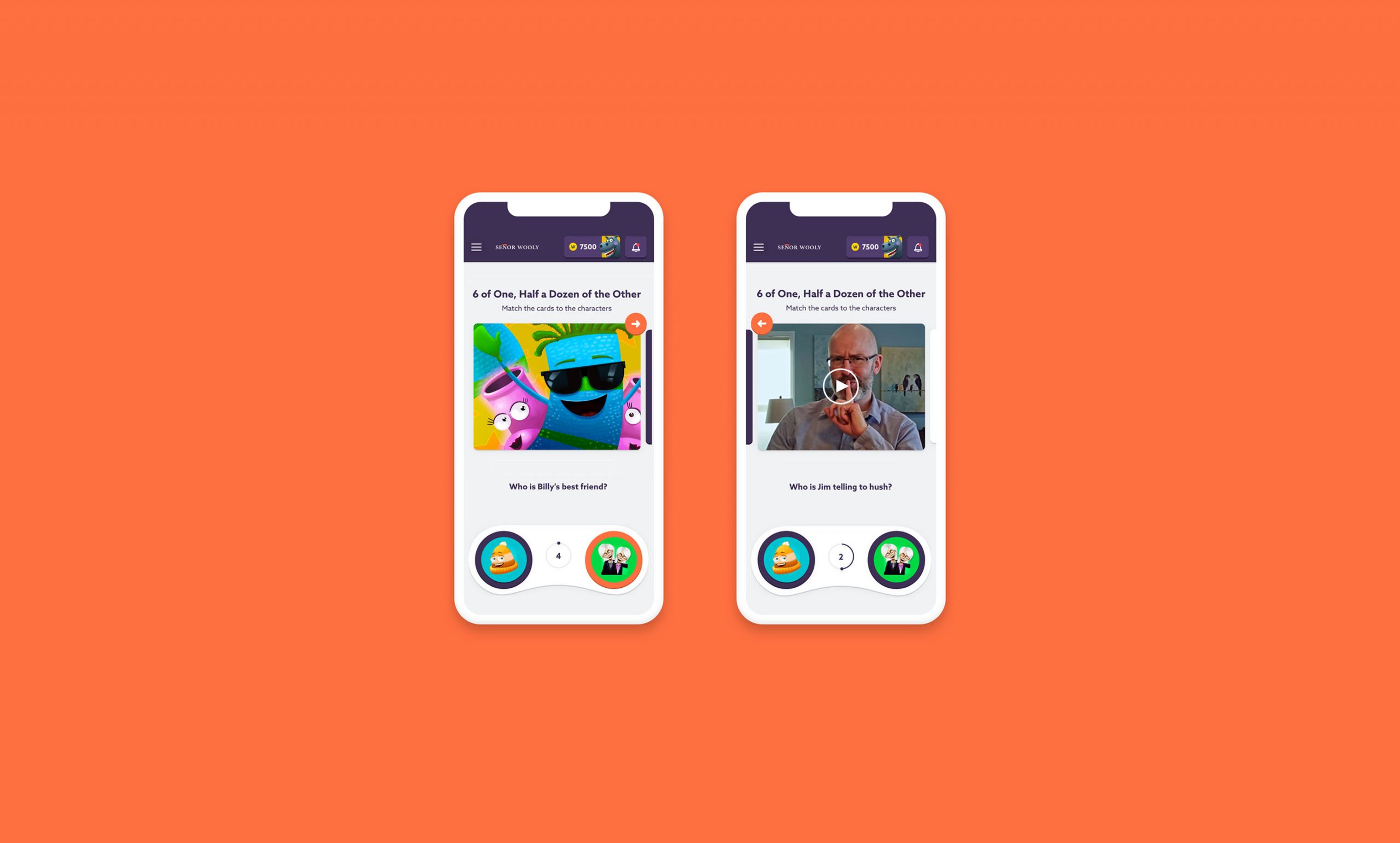 Two phones showing a matching game, one with an illustration and one with a video clip